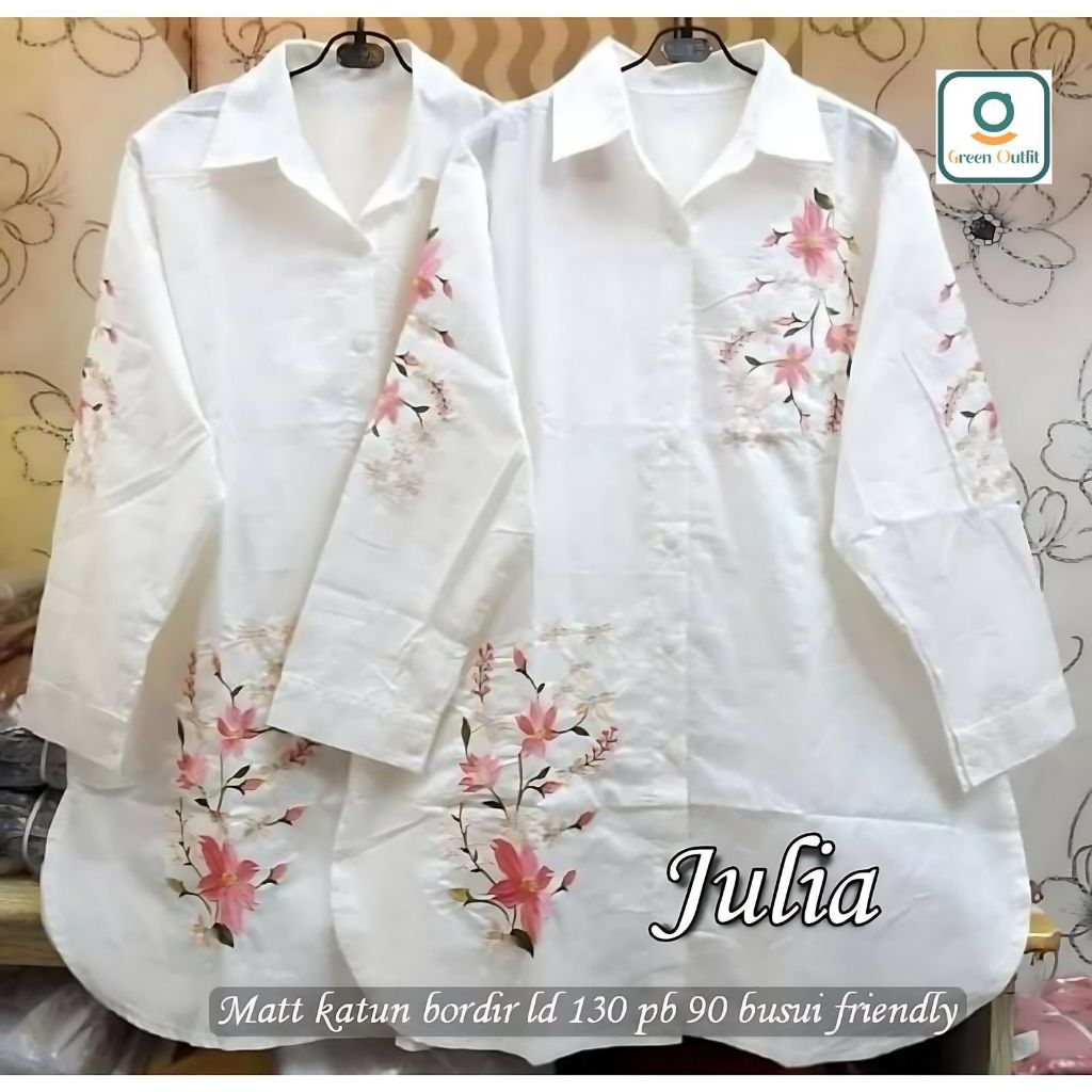 julia baju blouse kemeja atasan wanita muslim jumbo ld 130 katun bordir polos putih kekinian terbaru