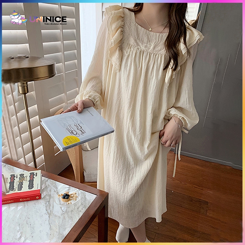 UNINICE [Pengiriman Rahasia] Lengan Panjang Rok Tidur Renda Piyama Pakaian Rumah