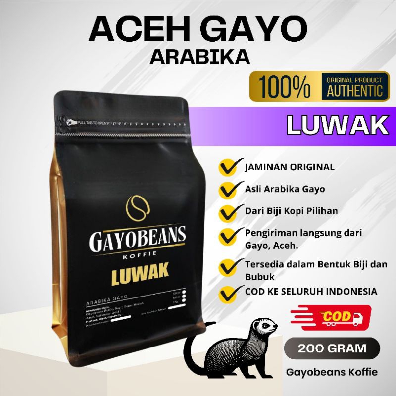 

KOPI GAYO LUWAK LIAR ORIGINAL ARABIKA GAYO ACEH GAYOBEANS KOFFIE LUWAK 200gr