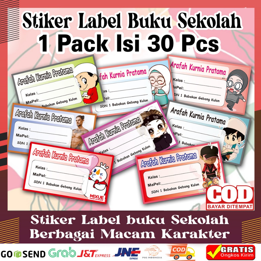 

30 Pcs Stiker Label Buku Sekolah Custom Pilih Desain Favoritmu Sendiri