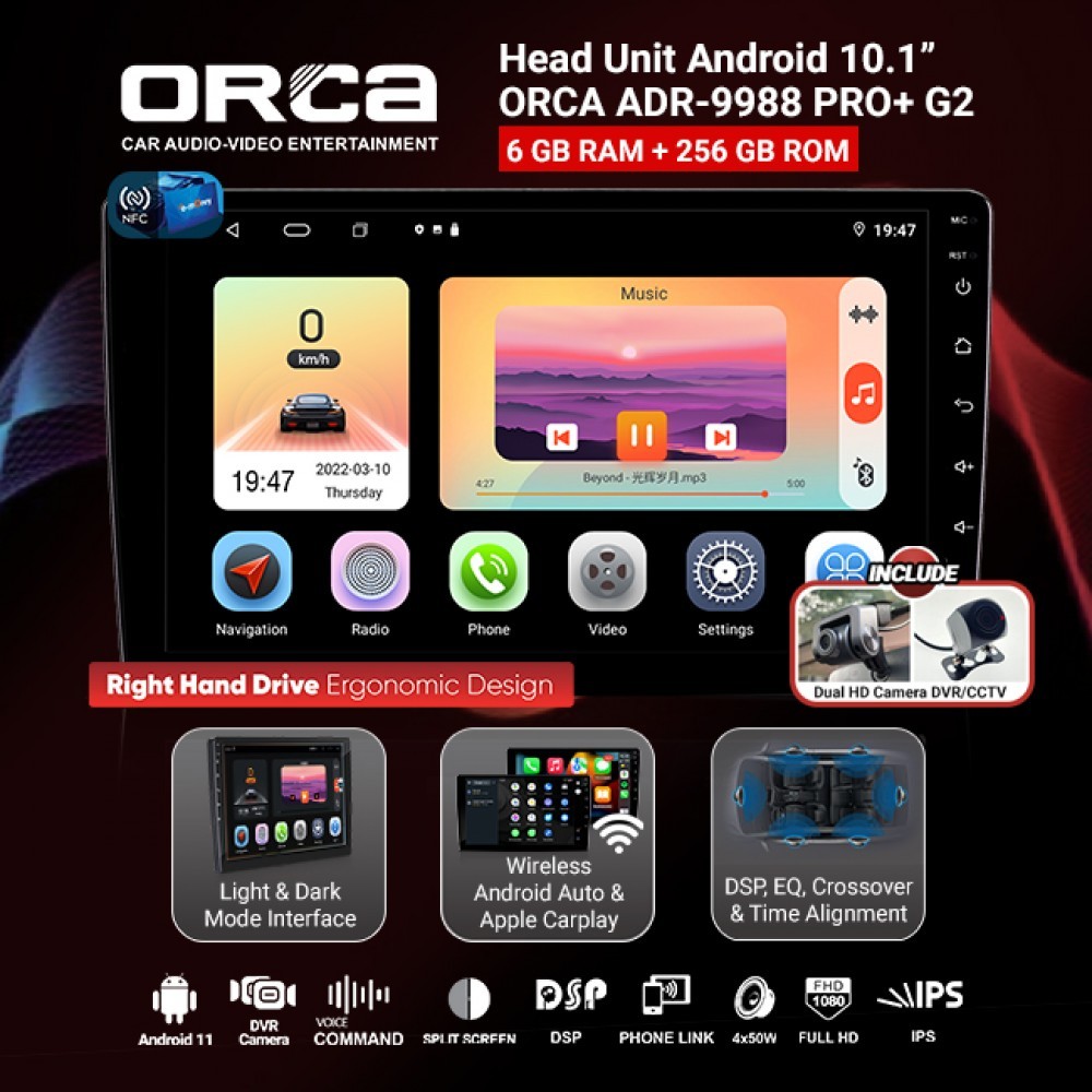 Orca ADR 9988 Pro Plus Gen 2 NFC Head Unit Android Plus DVR 2 Channel