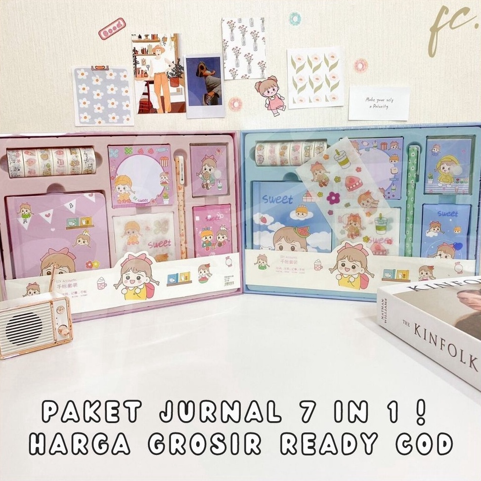 

Paket Jurnal Set 7 in 1 Agenda Gift Box Hampers Hadiah Notebook Journal Diary 6 in 1 Boba Alat Buku Tulis Lengkap Scrapbook Cute Girl Sanrio Cinnamoroll My Melody Kuromi Panda Peach Kelinci Duffy Cat Sweetheart Cake Shop Import Grosir Ready COD K