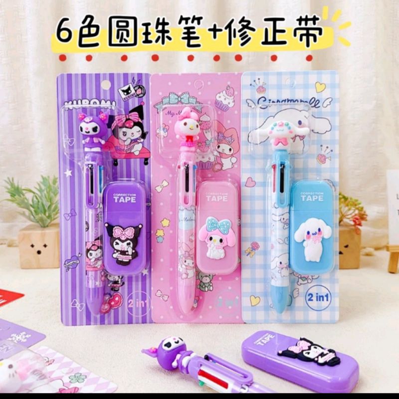 

(P6T) 2in1 Pulpen 6 warna Sanrio Tape X Kuromi My melody alat tulis sekolah cinnamorol peralatan tulis penghapus pulpen