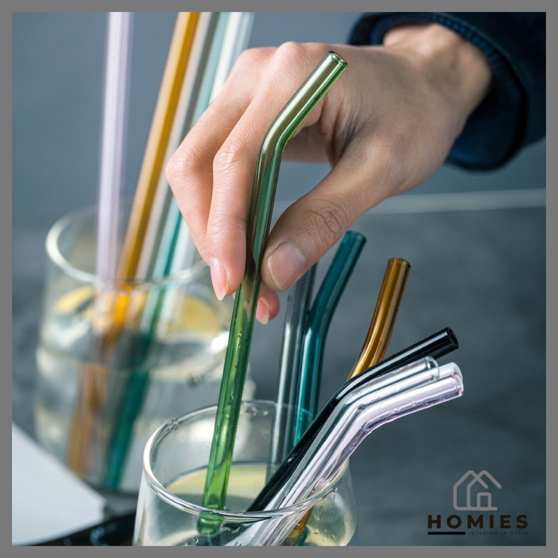 SEDOTAN KACA / GLASS STRAWS TRANSPARAN BENGKOK 20 CM / SEDOTAN KACA WARNA ESTETIK