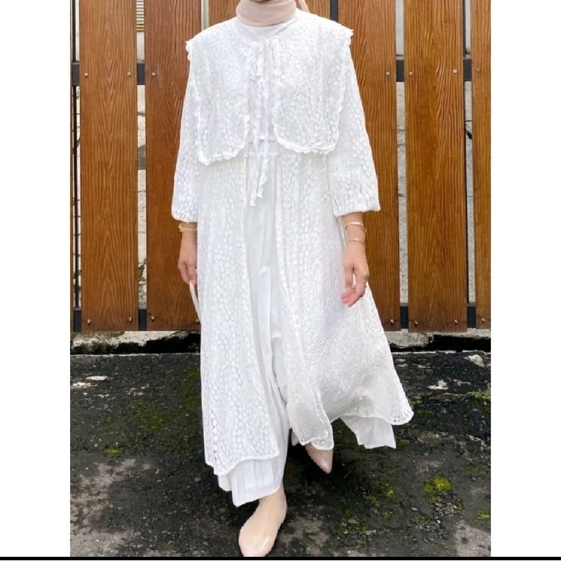 Long Outer Wanita Dewasa Remaja Outwear Putih Bahan Lembut Cardigan Renda Kekinian Baju Kondangan Br