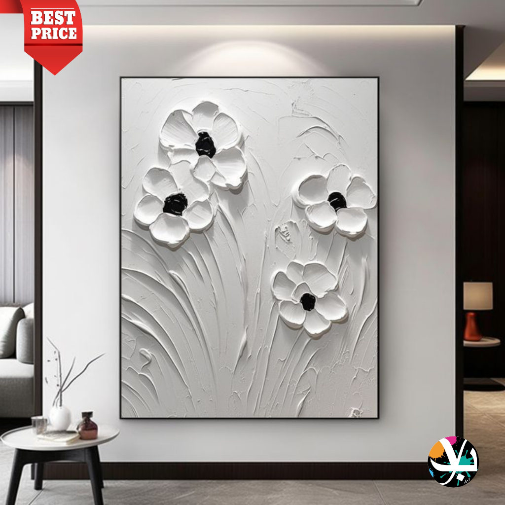 lukisan kanvas minimalis - lukisan kanvas bunga timbul - lukisan plus frame