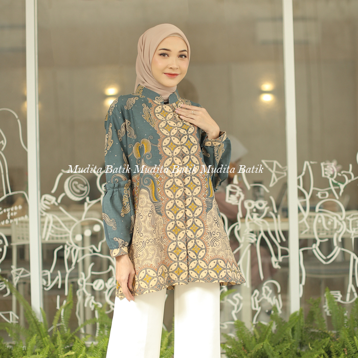 Batik Mudita Motif Anjani Batik Wanita Kerja Lengan Panjang Modern Warna Cream Biru Premium Solo