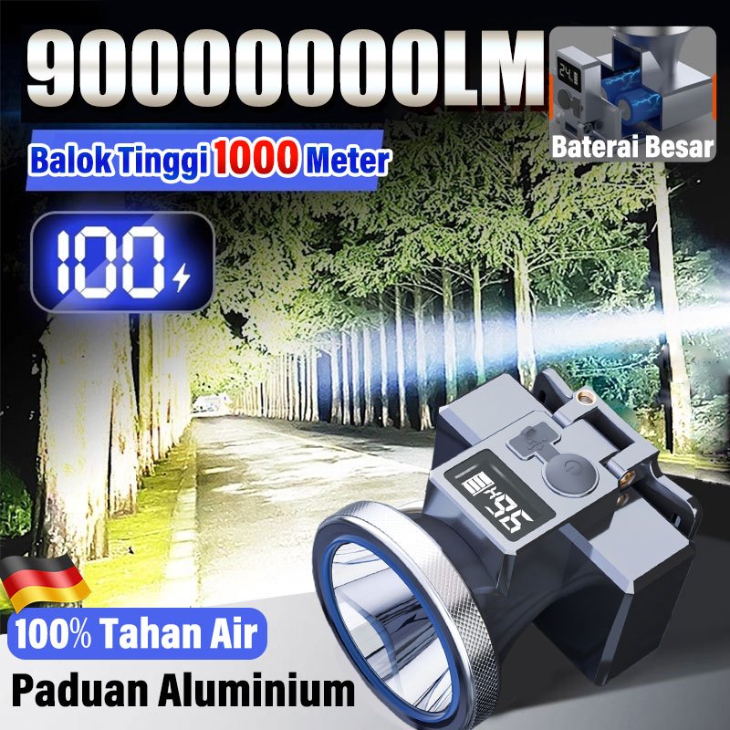 【Pengiriman Segera】300 WATT penyinaran 10.000 meter Sangat terang senter kepala jarak jauh Anti Air 