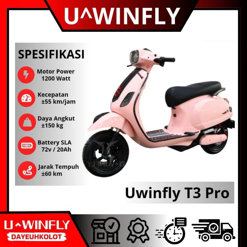 Motor Listrik Uwinfly T3sPro Pink 1200Watt 72V 12Ah Bergaransi Resmi