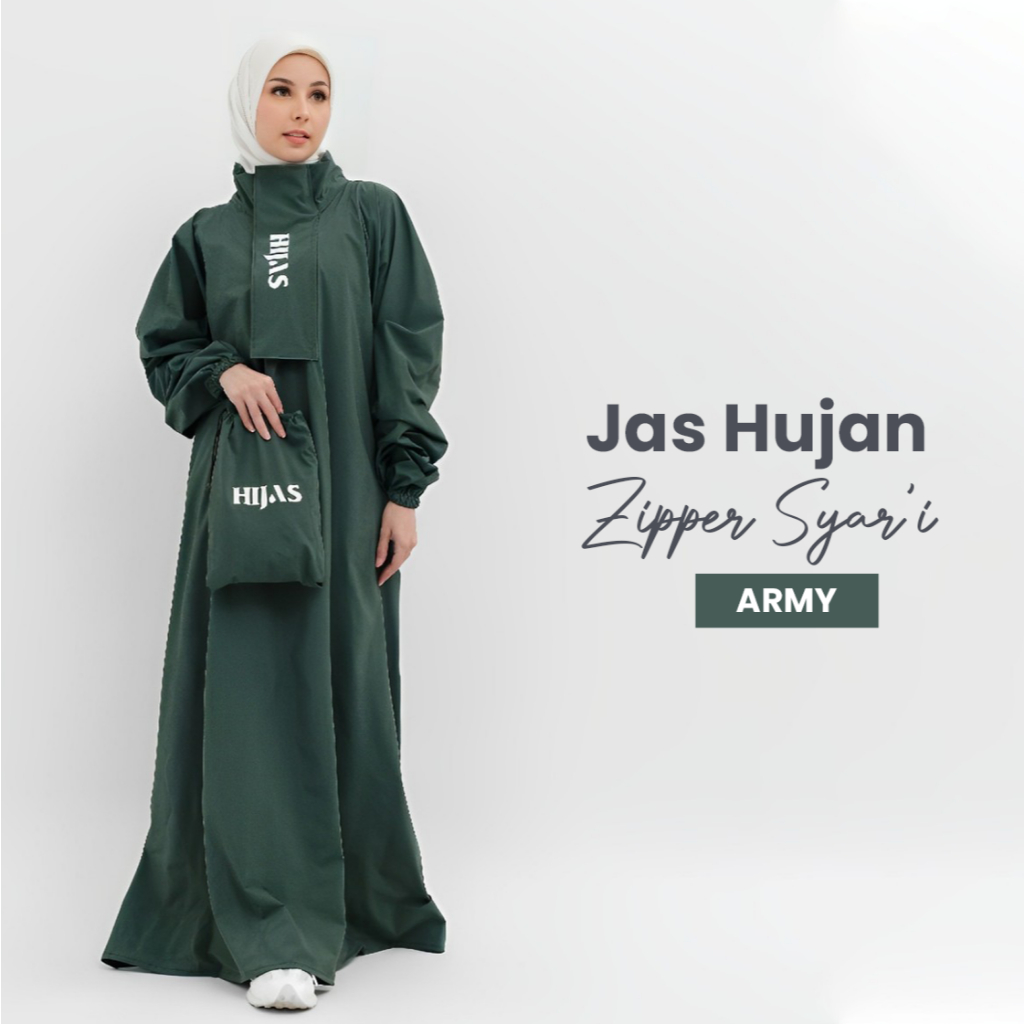 Shofiya - Jas Hujan Gamis Wanita Zipper Warna Army Lucu Tebal Korea Jumbo