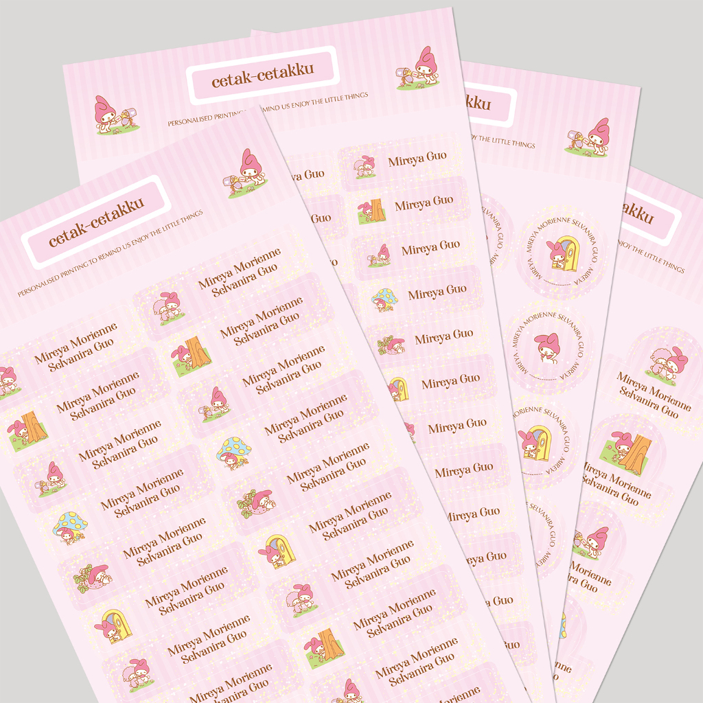 

MY MELODY (Secret Garden) / STICKER NAMA COMBO PACK - 103 pcs (4 bentuk , 4 ukuran) / Sticker Vinyl Waterproof (tahan air & anti sobek) / Label Sekolah / Label Nama Anak