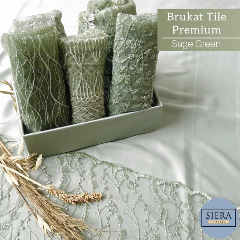 SETENGAH METER Kain Brukat Tile Premium Bahan Kebaya By Siera Fabric - Sage Green ( HARGA PER 50cm K