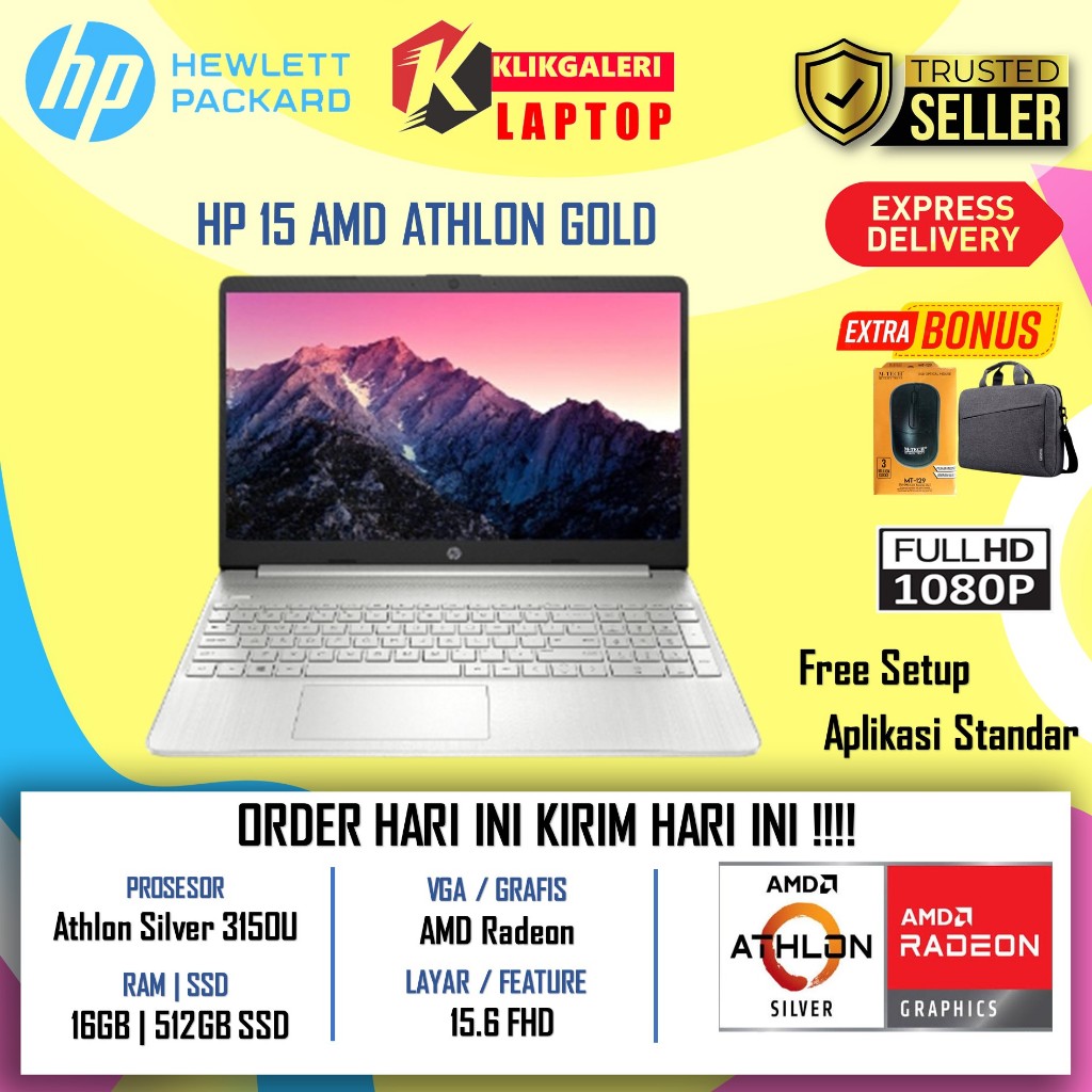 Promo Laptop HP 15 Amd Athlon Gold 3150U Ram 16GB SSD 512GB 15.6 Fhd Windows 11 Home