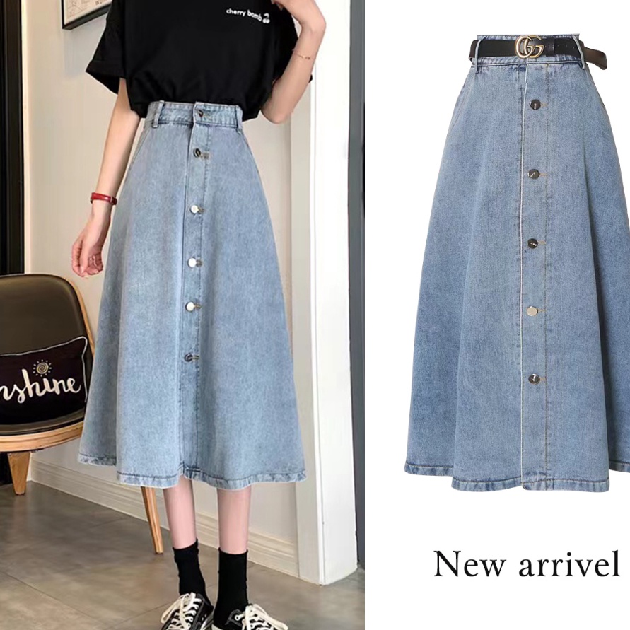 KI3 wanitaidrok kancing depan rok plisket rok korean style rok midi rok denim panjang rok hh waist r