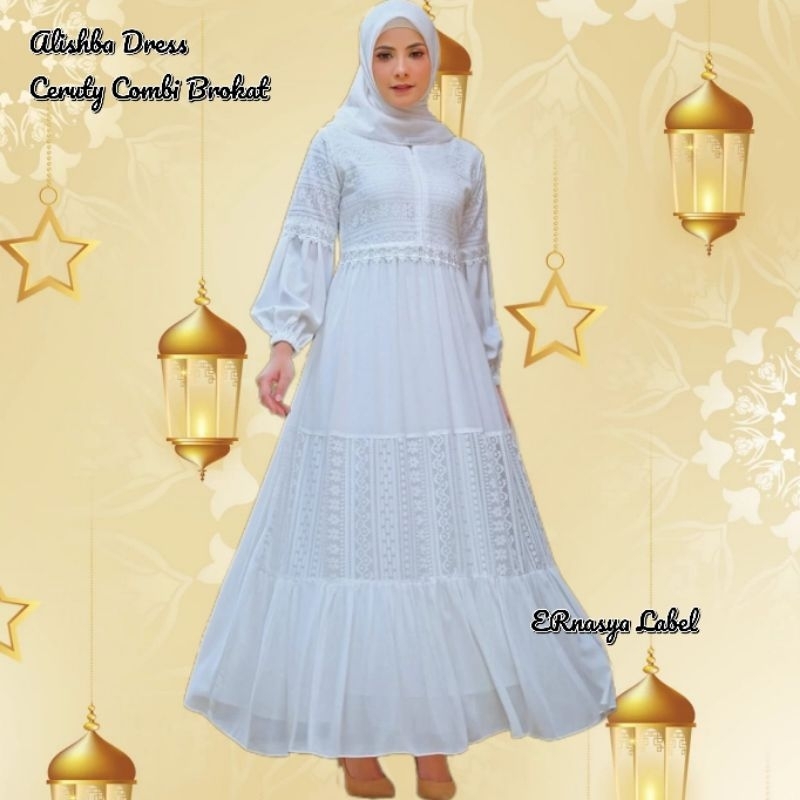 Alishba Ayesha Dress Ceruty Combi Brokat Premium ERnasya Label Gamis Putih Dan Gamis Hitam Untuk Tah