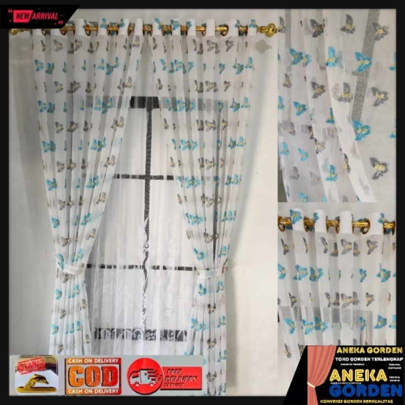 Gorden Vitrase Ruby bordir kupu kupu minimalis Bahan transparan model smokring ukuran L.130×T.200cm