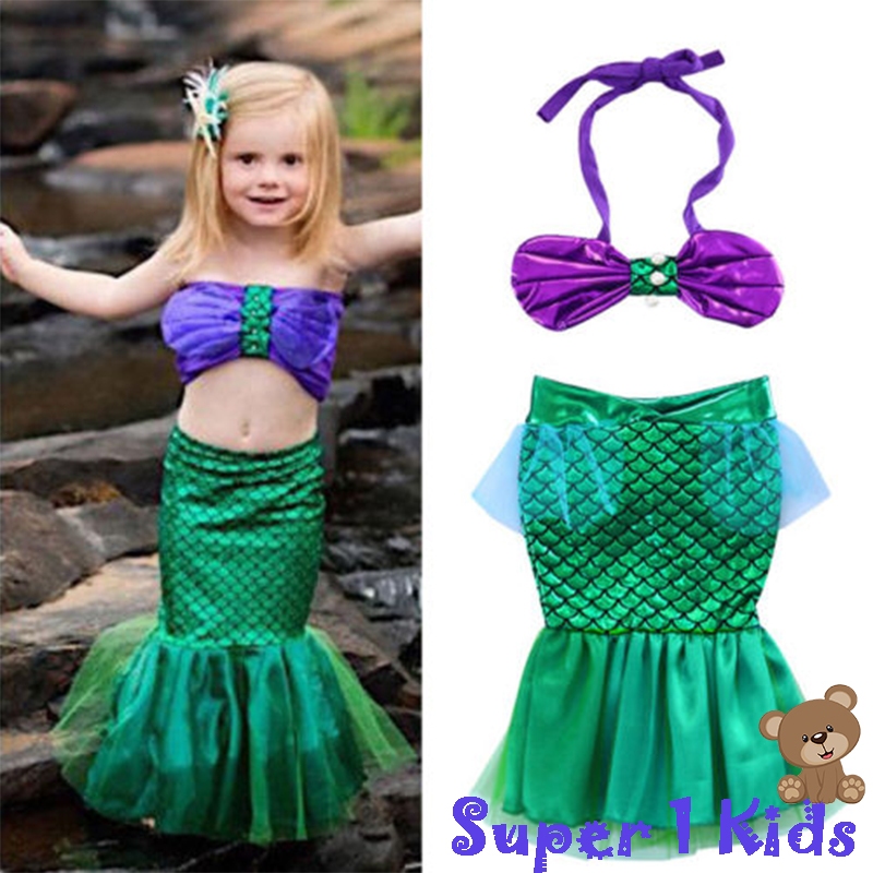 ❤️Super 1 Kids❤️Baju Renang Putri Duyung Bayi Perempuan Atasan Bikini Halter Mutiara Kerang + Pakaia