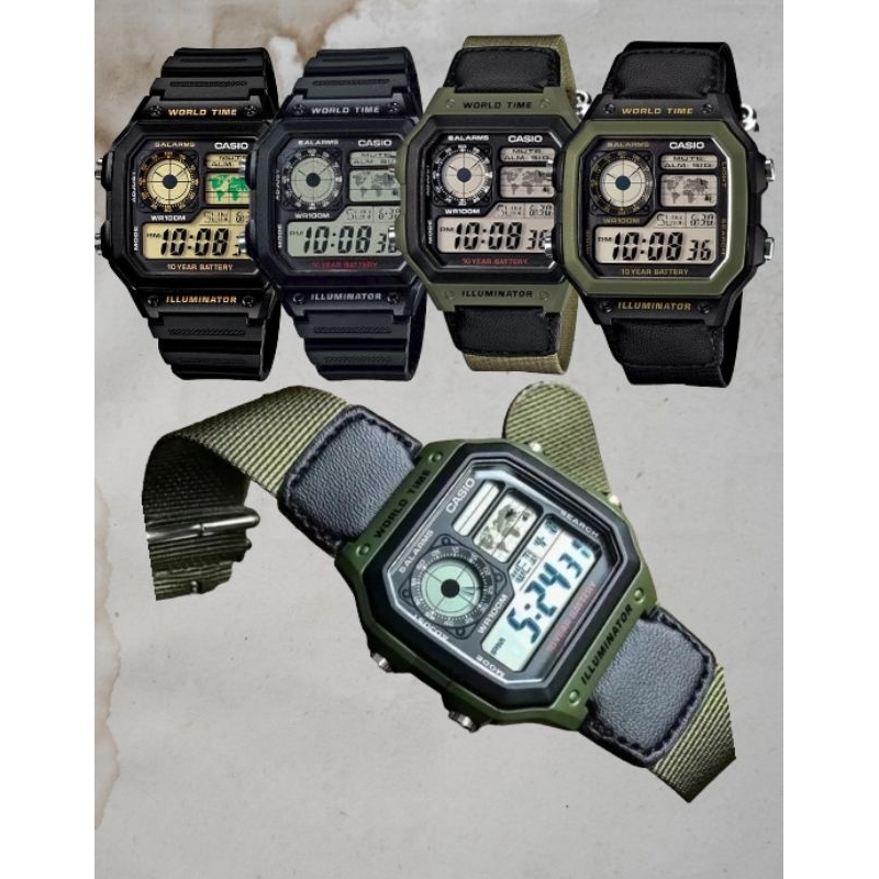 Jam Tangan Pria Casio AE1200WH AE1200WHB AE-1200WH AE-1200WHB Tali Karet / Rubber,,, Tali Kain / Kan