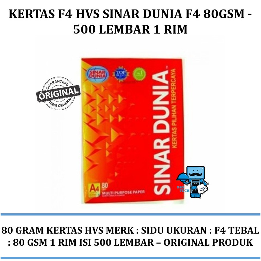 

Kertas F4 HVS Sinar Dunia F4 80Gsm - 500 Lembar 1 RIM