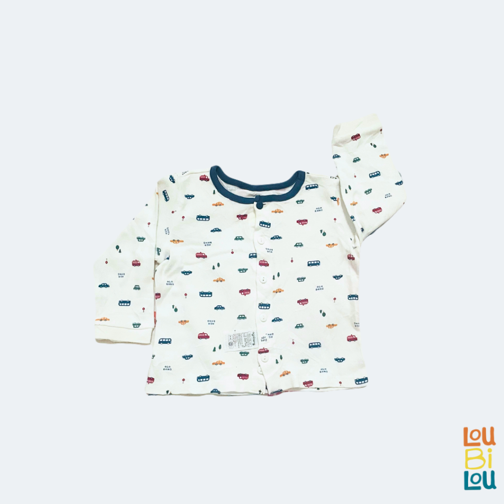 Preloved | Baju Atasan Lengan Panjang Anak Bayi 1 Tahun - Mobil - Putih Navy - Agabang