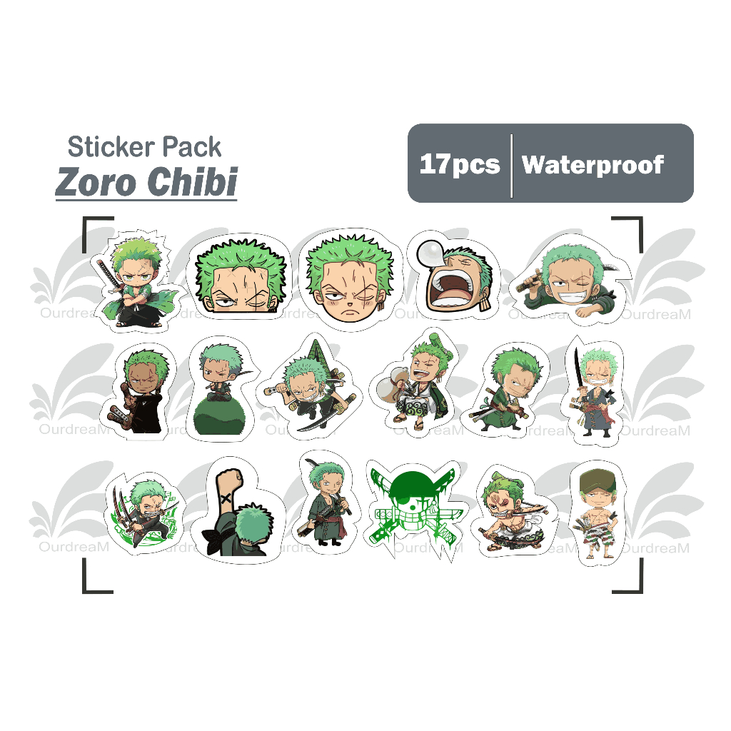 

stiker pack 17pcs helm tumbler Zoro chibi one piece waterproof medium size