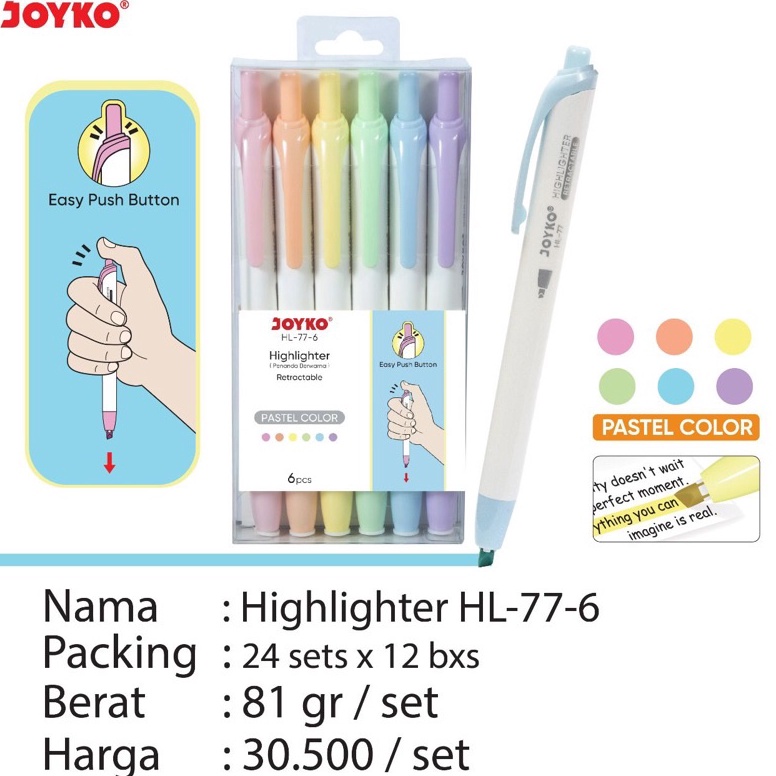 

KODE C7W3 HL 77 6 Retractable Highlighter Set JOYKO Penanda Cetrek 6 Warna Pastel harga 1 set Stabilo Pastel Color HL776 HL 77 6