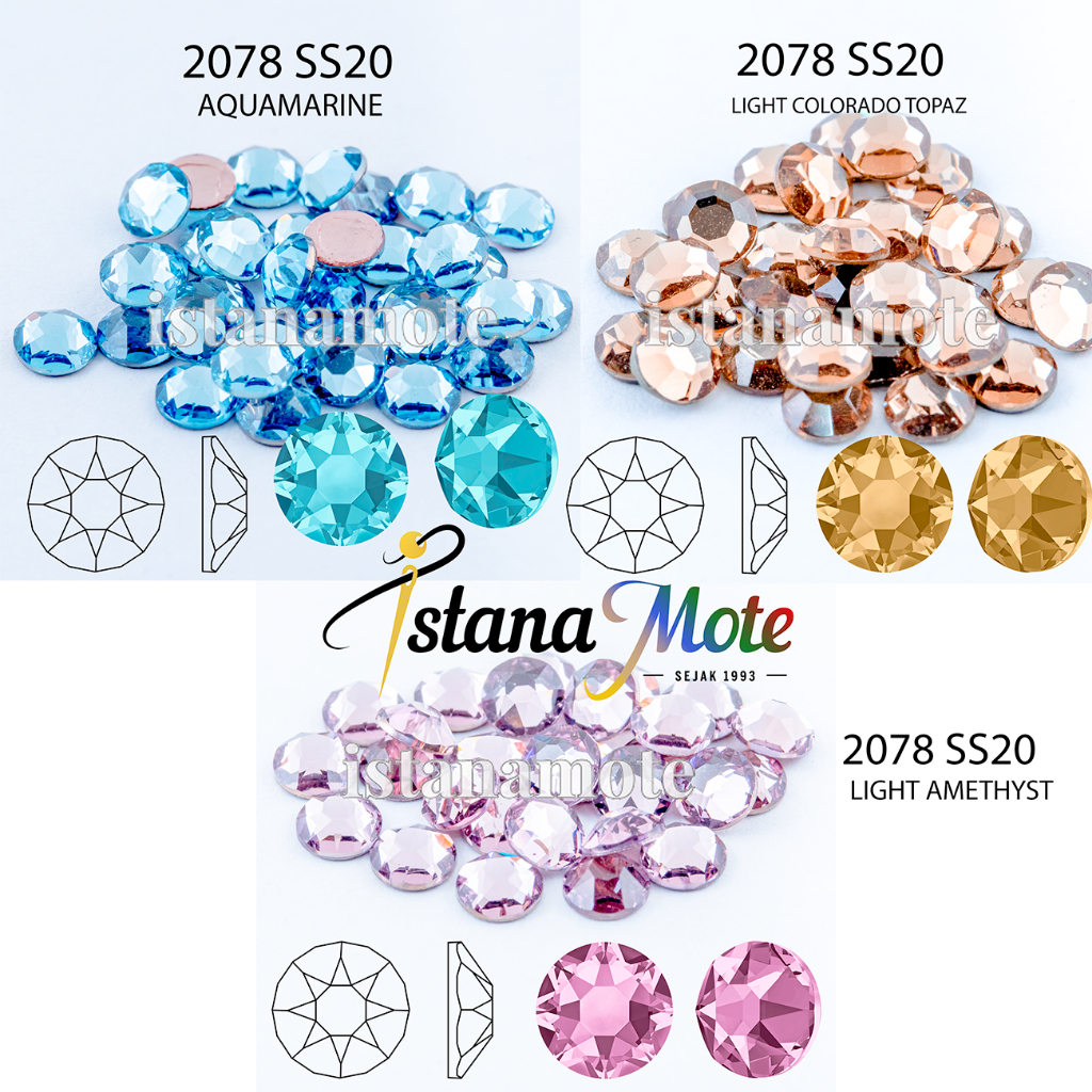 Flatback Hotfix kristal tempel Swarovski 2078-ss20 - aquamarine / LCT / light amethyst ASLI ORIGINAL