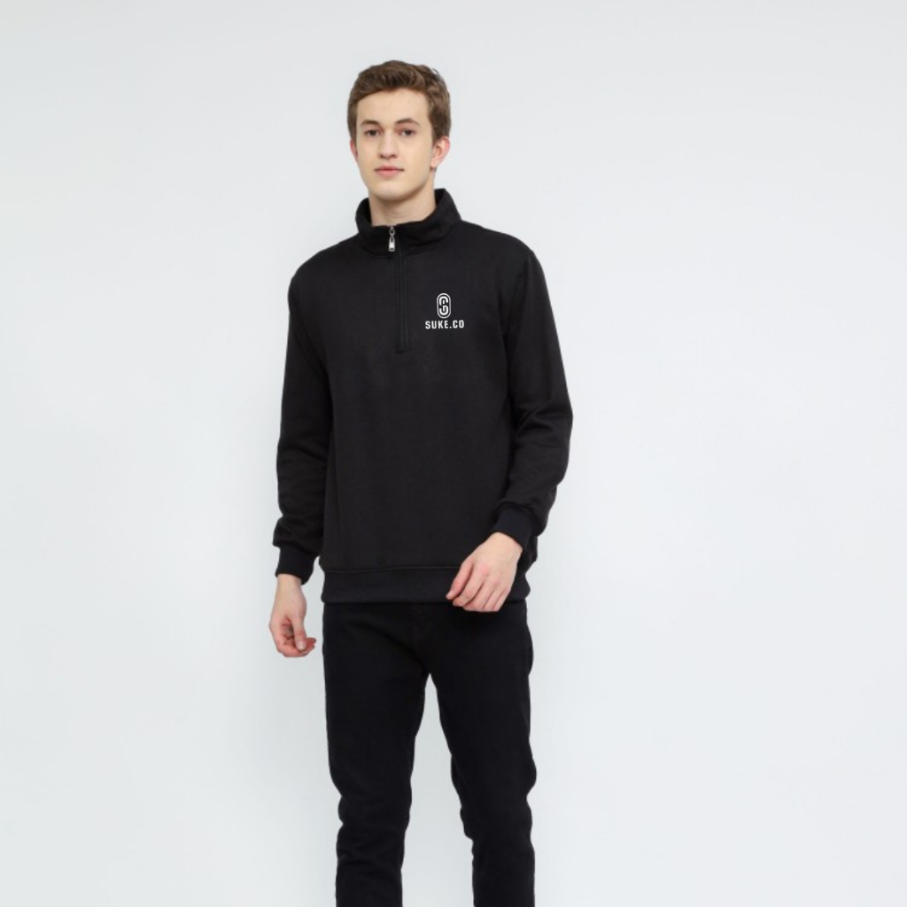 Suke.co Half Zip Pria Sweatshirt Rugby Black Unisex