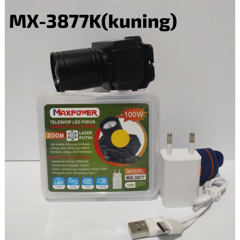 Senter Kepala Maxpower MX-3877 Super ZOom 100Watt maxpower model terbaru