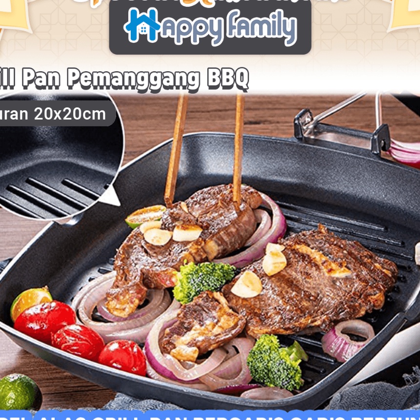 KP8 HappyFamily Wajan Panggang BBQ Square Grill Pan Foldable 2Cm Anti Lengket Bentuk Kotak Panci Pem