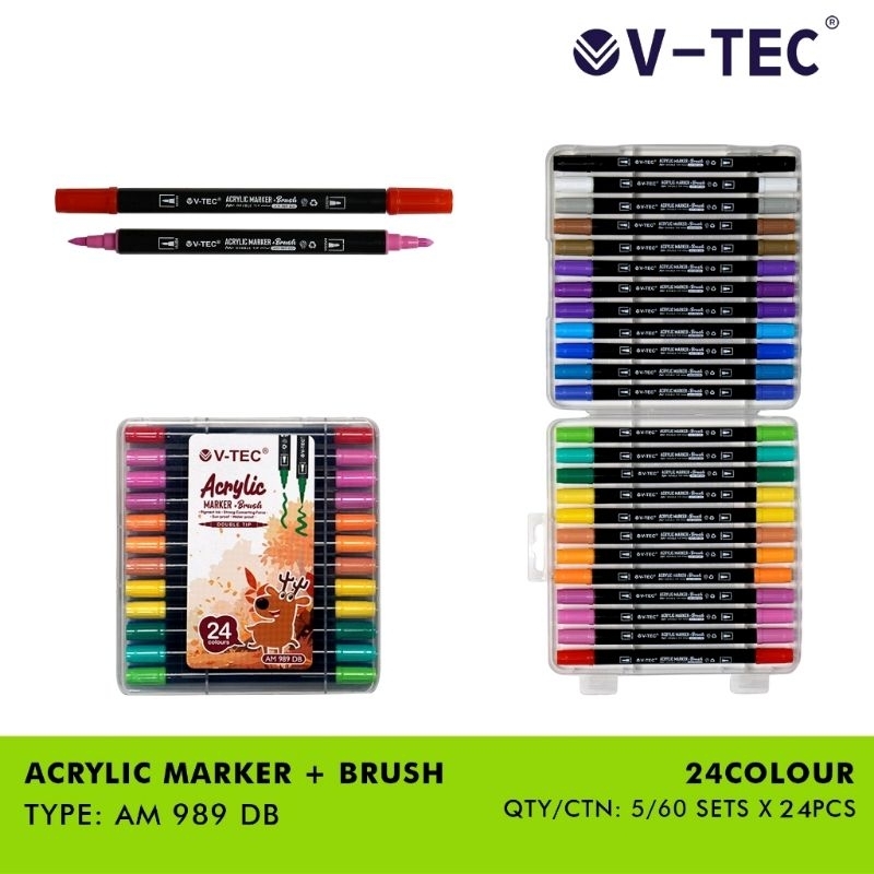 

V-Tec Acrylic Marker + Brush pen 12 / 24/ 36 COLOR (AM 989 DB) - Spidol Sketsa Dual Tip Brush Tip and Fine (AM 989 DB)
