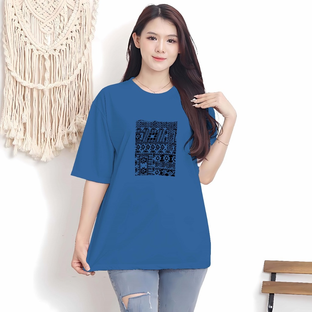 Kaos oblong oversize lengan pendek wanita motif batik putih hitam/Kaos trendy kekinian wanita cantik