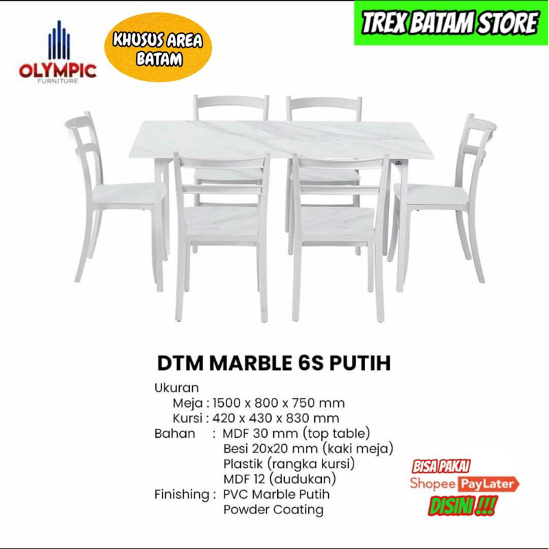 MEJA MAKAN OLYMPIC DTM MARBLE WHITE 6S PUTIH 6 KURSI [ BATAM ]