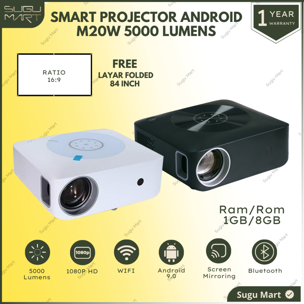 Proyektor Android | Smart Proyektor M20W Android 5000 Lumens Full HD 1080P | Proyektor Android Wifi 