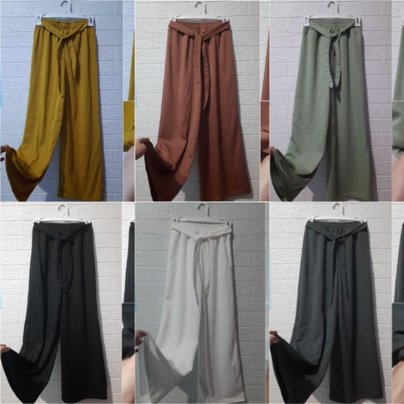 Kulot tali / celana panjang wanita polos pinggang full karet hitam putih sage coklat abu kuning
