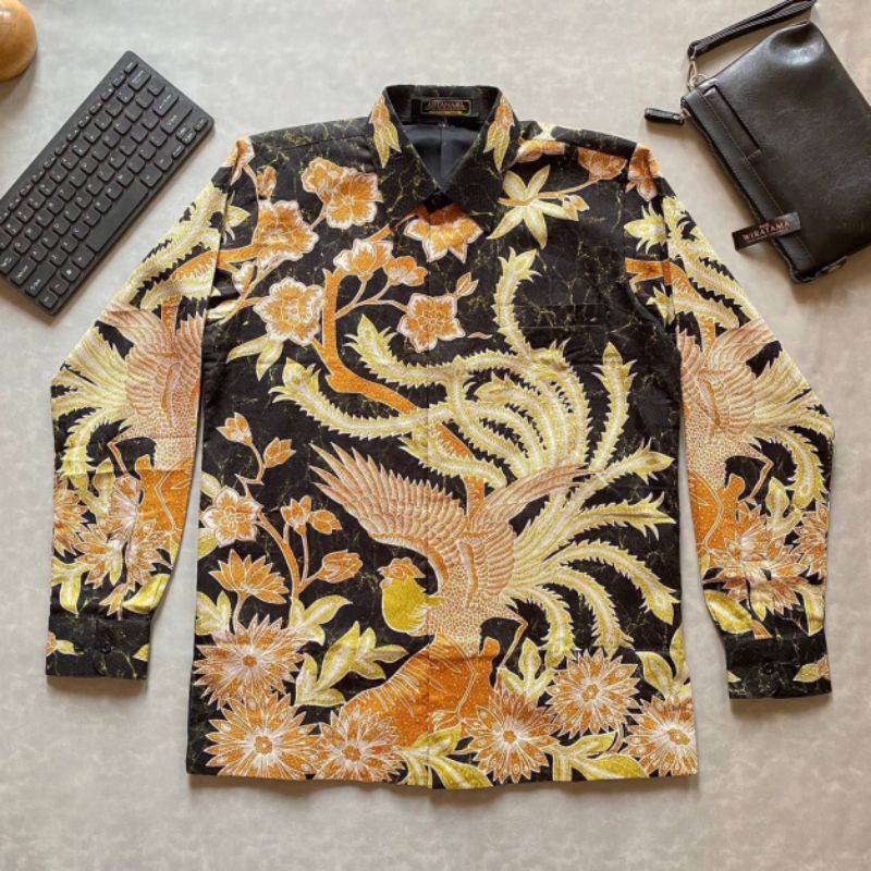 Kemeja batik pria HITAM KUNING lengan panjang bahan doby motif terbaru