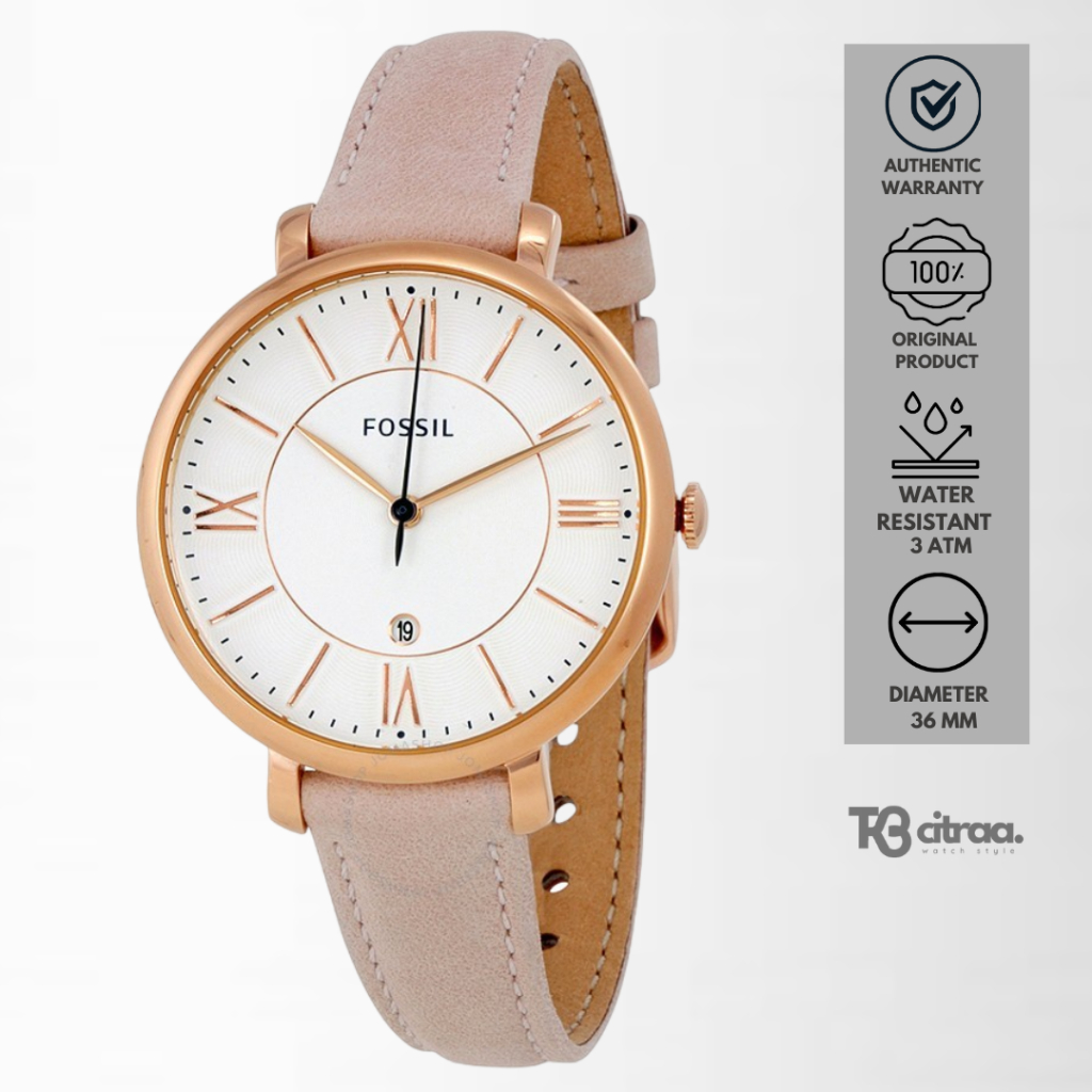 jam tangan fashion wanita Fossil ladies Jacqueline analog strap kulit White Dial Rosegold Blush Leat