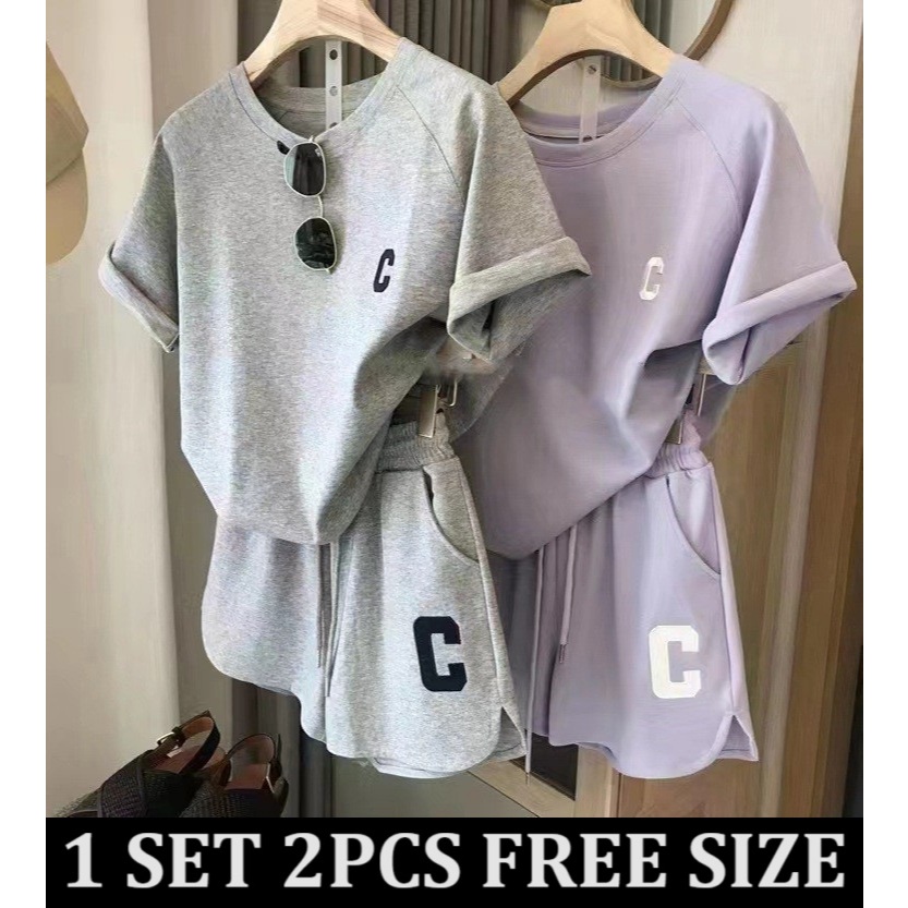 D032 Setelan 1 Set 2 pcs logo C Bordir abu ungu kaos atasan lengan celana pendek baju santai sehari 
