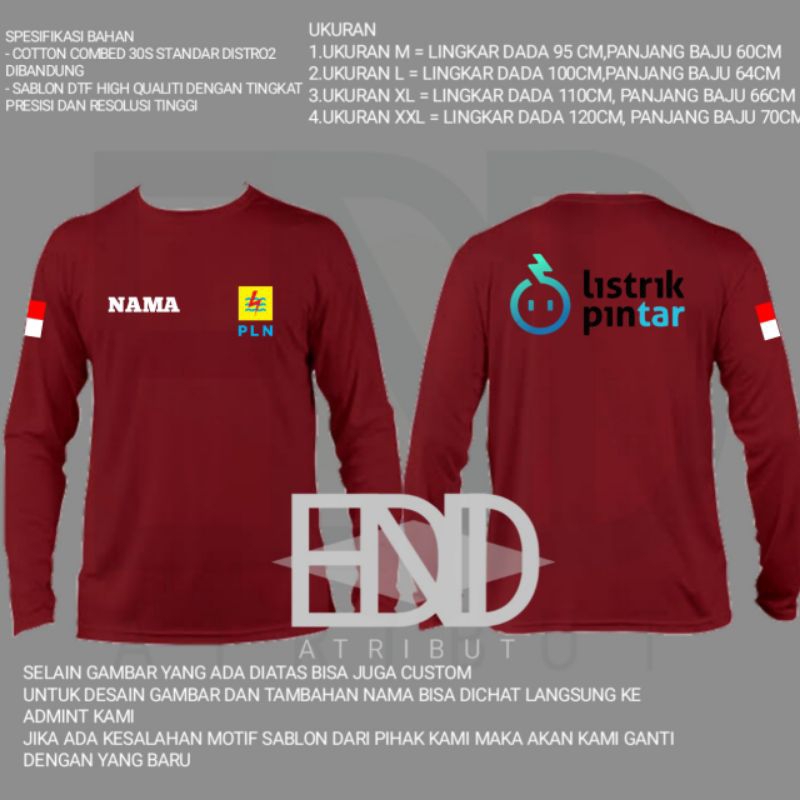 KAOS PLN LISTRIK PINTAR BAJU PLN LISTRIK PINTAR LENGAN PANJANG GRATIS NAMA