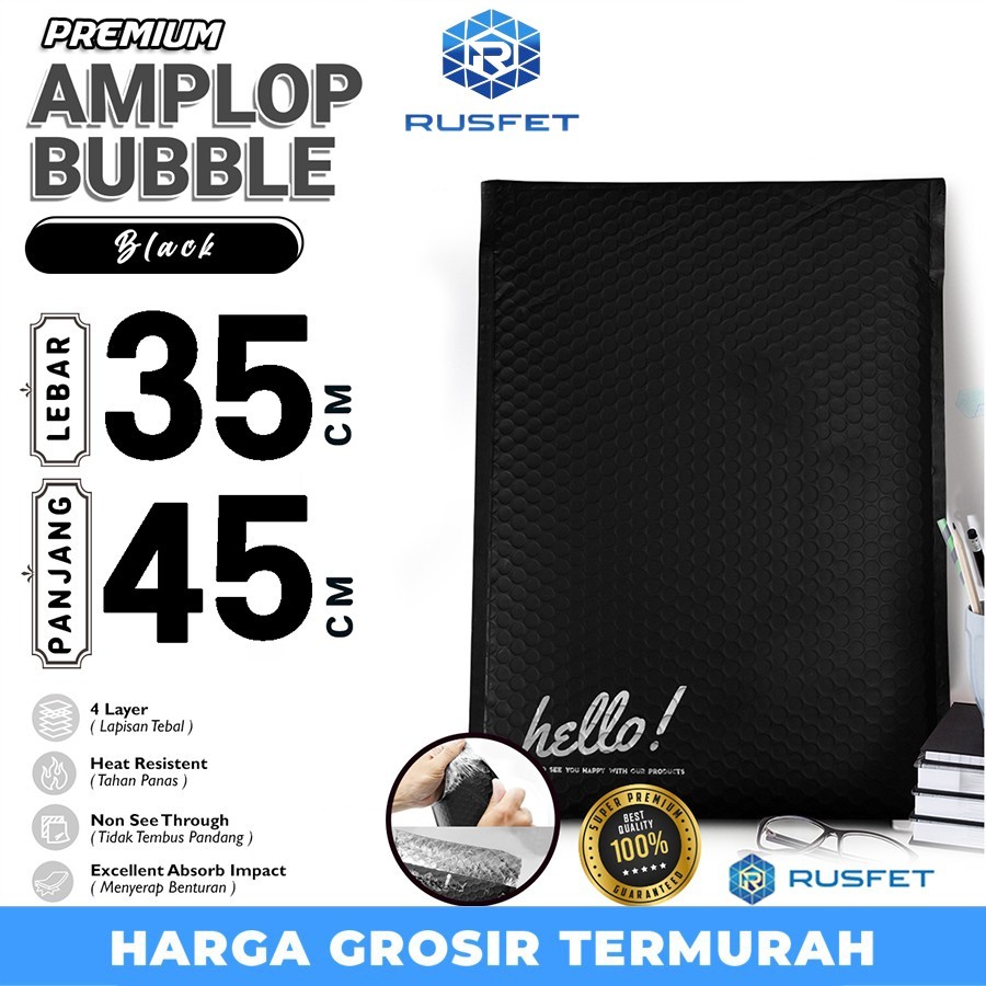 

AMPLOP BUBBLE MAILER BLACK 35X45CM WRAP ENVELOPE RUSFET PREMIUM HITAM
