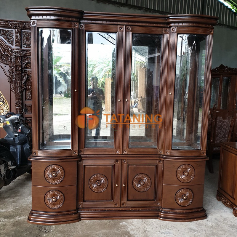 KABINET MINIMALIS KACA KAYU JATI FINISHING LEMARI TUMPUK ALMARI BUFET DEKORASI RUANG INTERIOR TAMU T