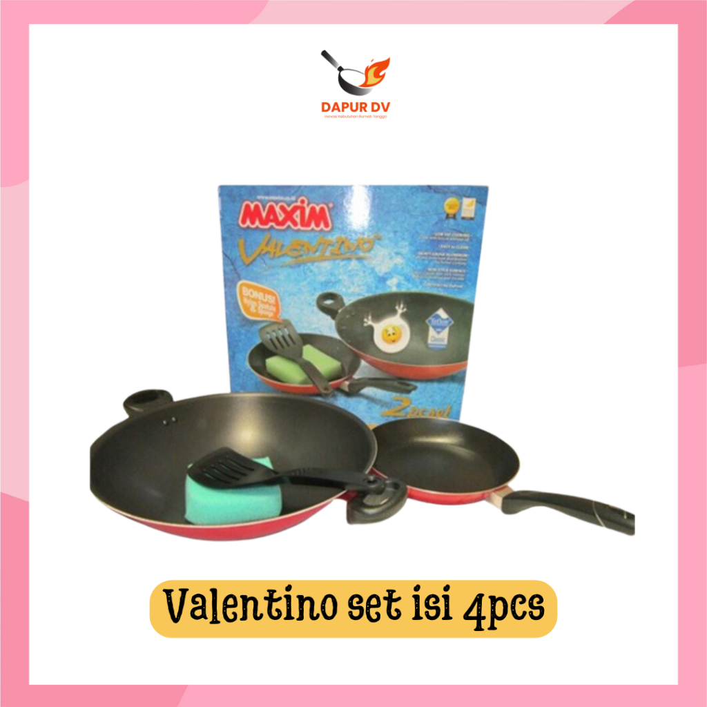 BELI 1 DAPAT 4 - Maxim Valentino Set Wajan Penggorengan Teflon Anti Lengket + Spatula + Sponge - DV