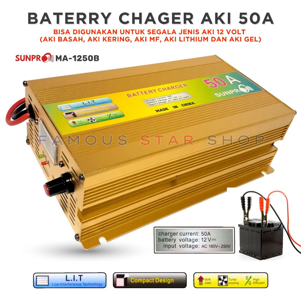 CHARGER AKI 12V 50 AMPER SUNPRO MA-1250B 50Amps BATERY CHARGER AKI ALAT CASAN AKI MOBIL ORIGINAL 50A