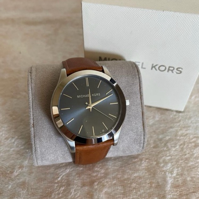 JAM TANGAN PRIA BRANDED MK8508 SLIM RUNWAY BROWN LEATHER ORIGINAL - ZADABRANDEDSTUFF