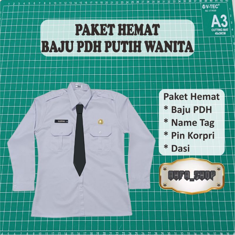 Paket Hemat Baju PDH Putih Wanita (Baju PDH Wanita, Nametag, Pin Korpri, Dasi Hitam)