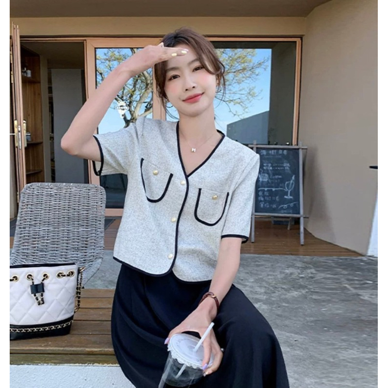 KEMEJA TWEED LENGAN PENDEK/ SHORT SLEEVE TWEED TOP BRAND HELLO IMPORT BANGKOK #50239 - YUKITA CLOTHI