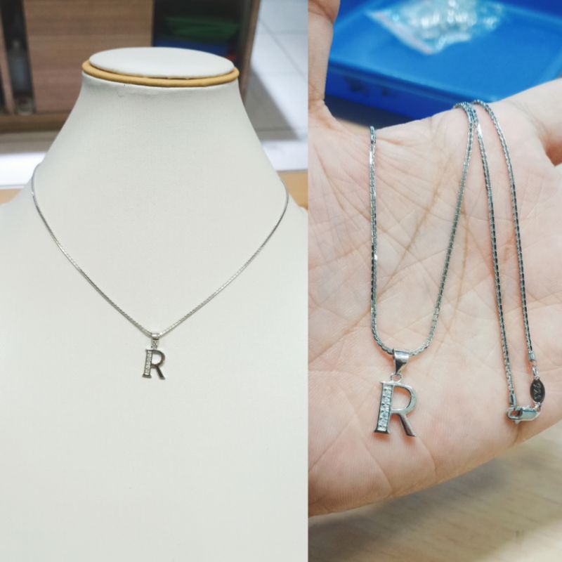 kalung seteran liontin huruf R Asli perak silver925 lapis emas putih kel02