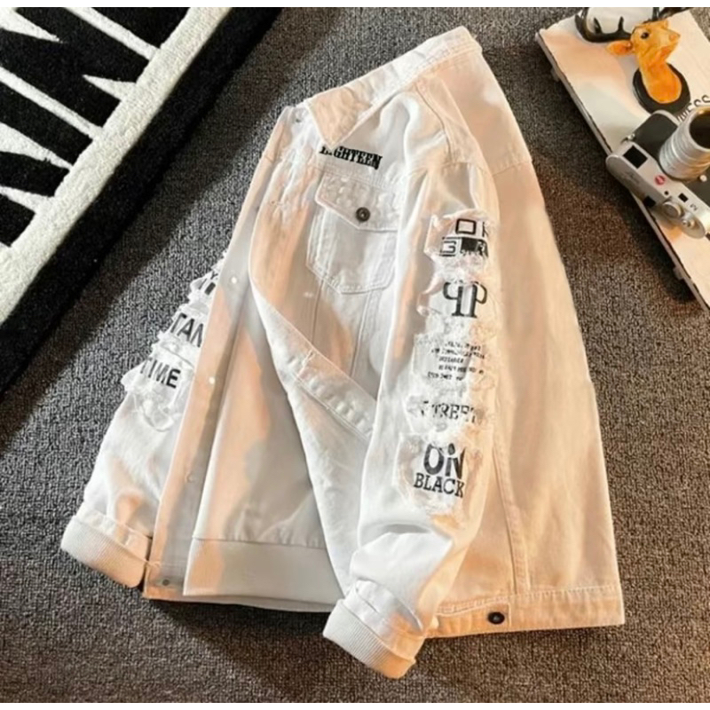 jacket jeans denim putih full bordir pria wanita terbaru 2024