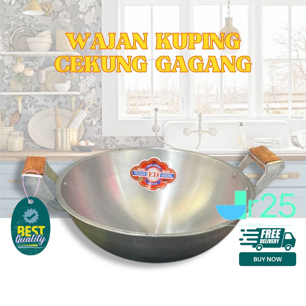 Wajan Kuping Katel Kuali Gagang Kayu Cekung no.10-16 Penggorengan Aluminium anti lengket anti pecah