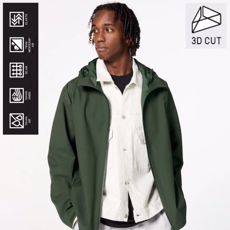UNIQLO Men Jaket Blocktech Parka Pria Potongan 3D Olive